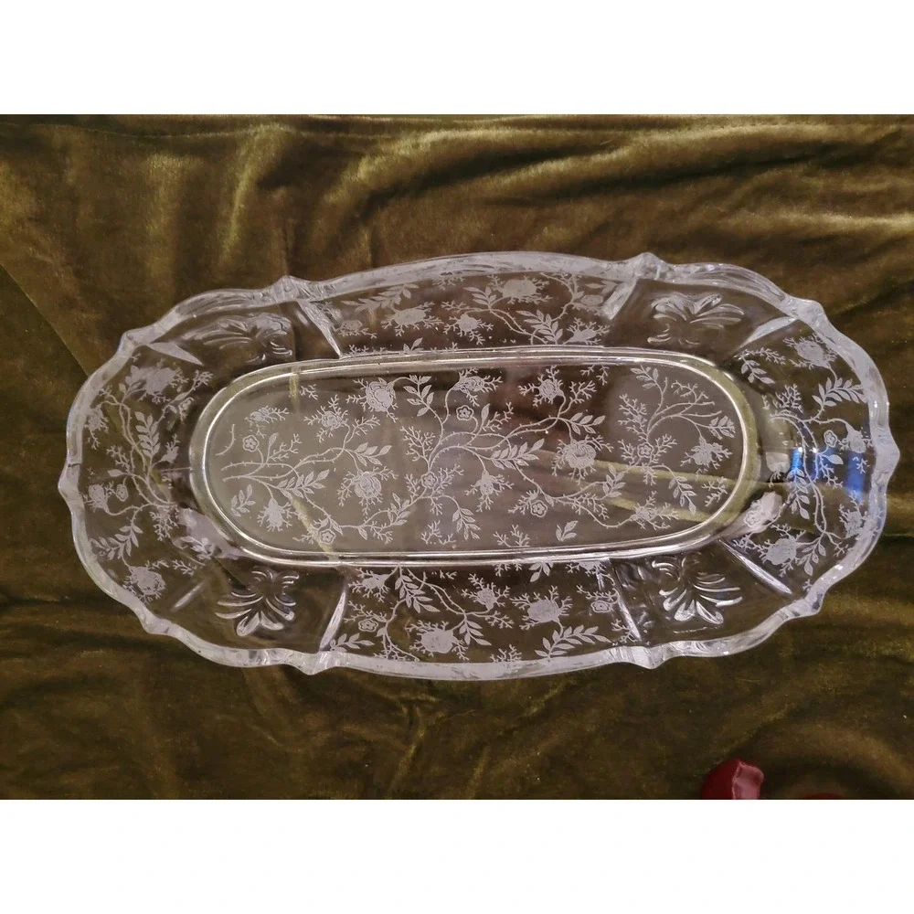 Etched Floral Glass Oval Dish‎ Candy Trinket Dresser Vanity Plate Vintage